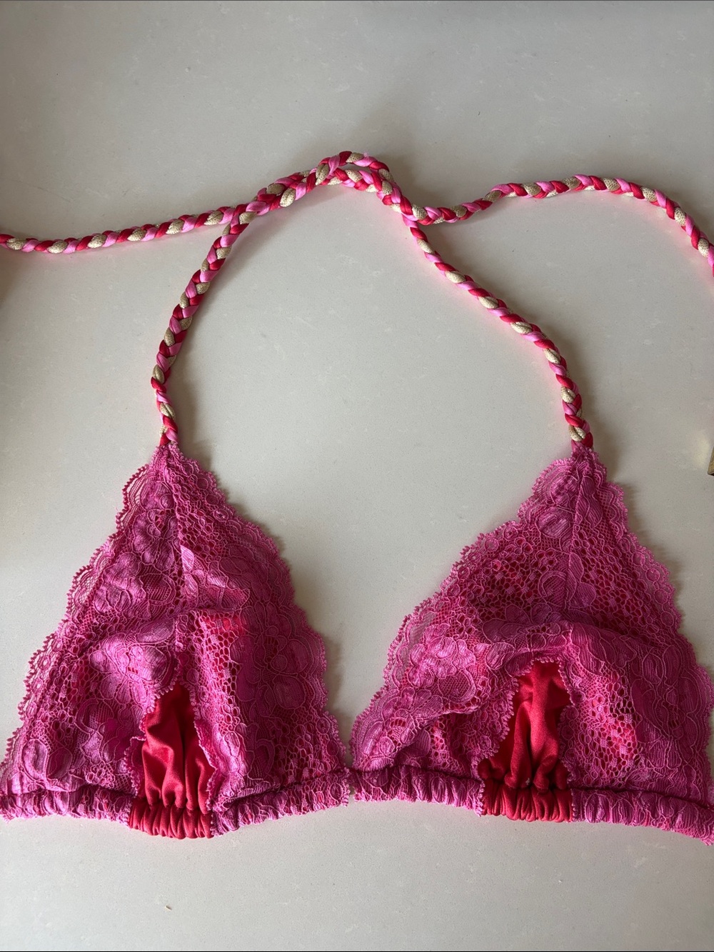 ❤️… Beach Bunny Lady Silk Lace Triangle Bikini Top & Bottom - Pink Red - Picture 4 of 4
